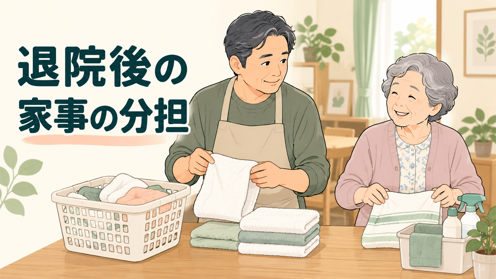 退院後の家事の分担。家族でタオルを畳み、掃除と洗濯を分担するイラスト