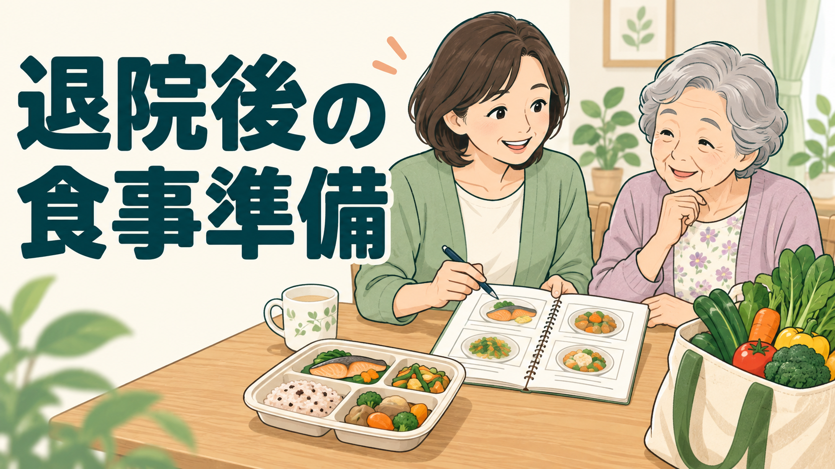 退院後の食事準備。食事トレーと買い物袋を前に準備を相談する親子