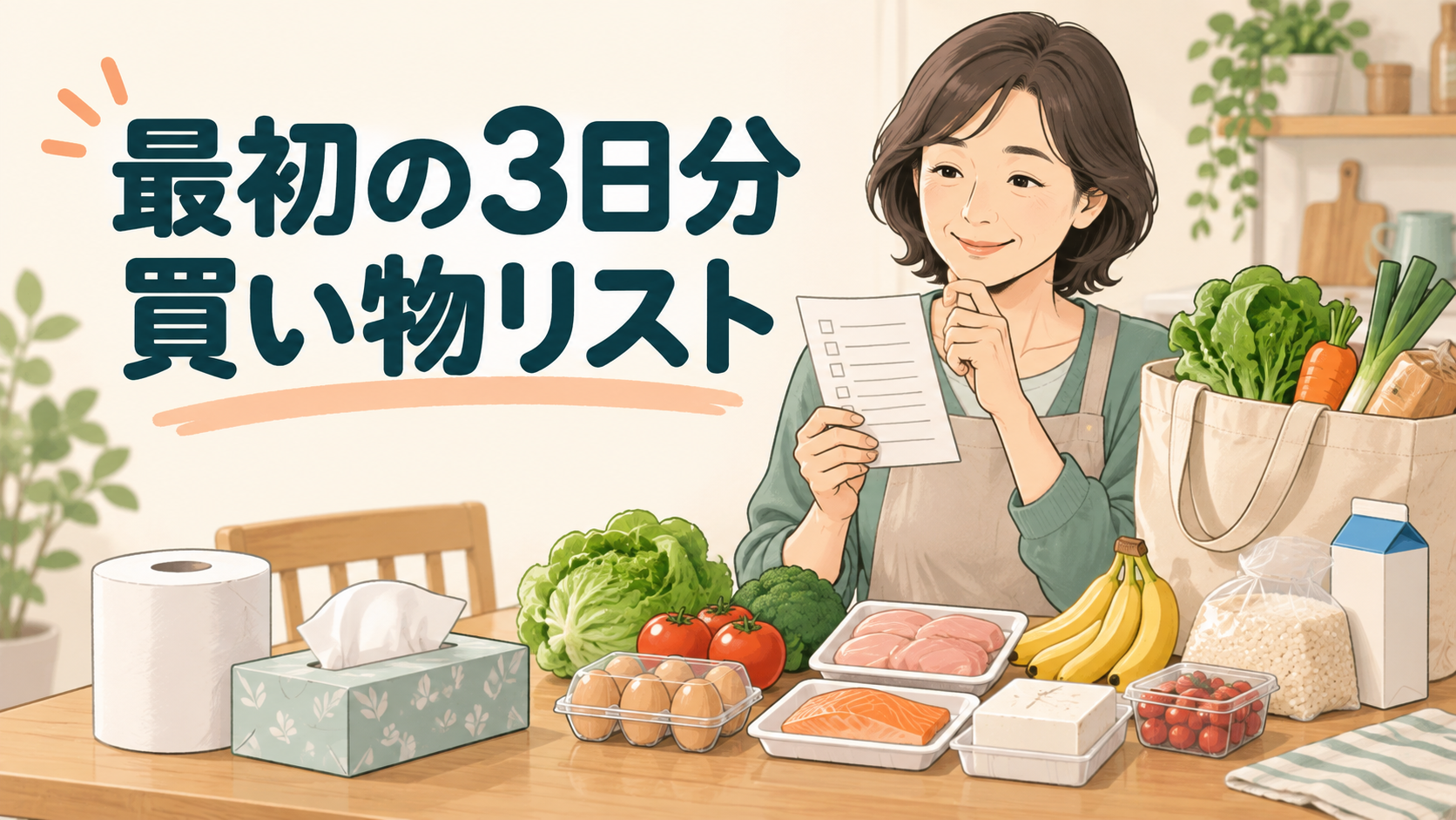 最初の3日分の買い物リスト。食材と日用品を確認する家族