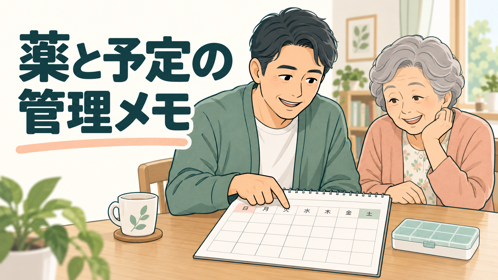 薬と予定の管理メモ。カレンダーと薬ケースを前に予定を確認する親子