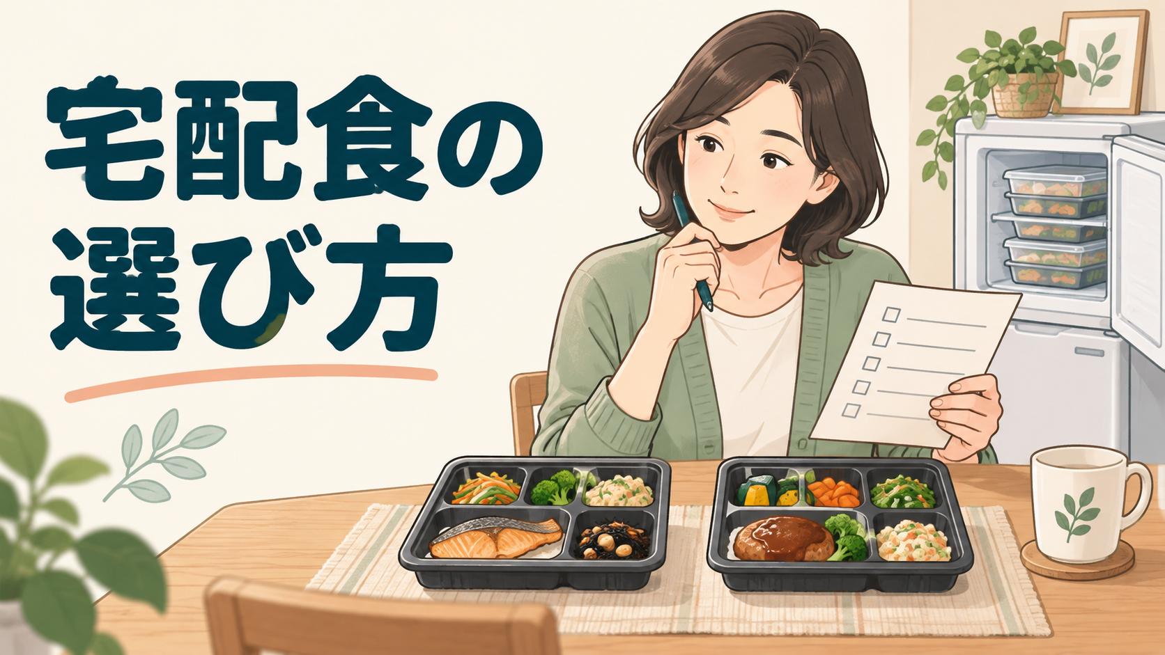 宅配食の選び方。食事トレーと冷凍庫を見ながら条件を確認する家族