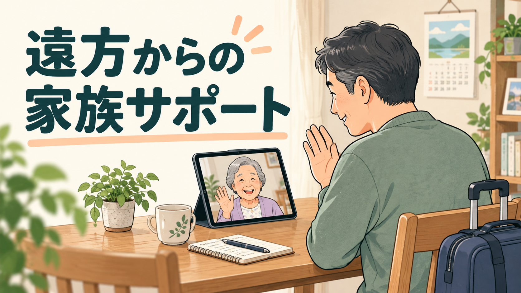 遠方からの家族サポート。ビデオ通話で親と話し、訪問も準備する家族