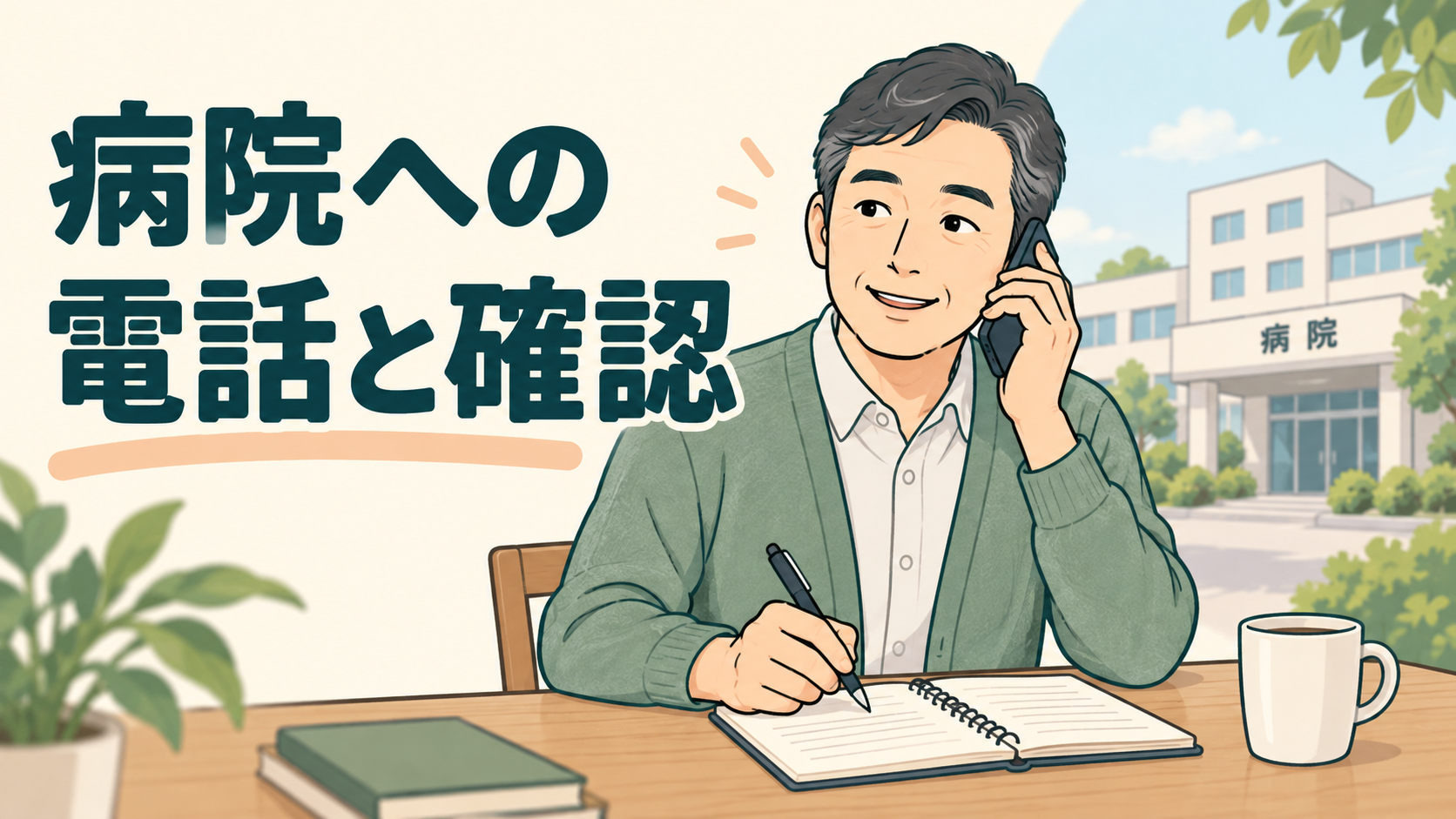 病院への電話と確認。電話で聞いたことをノートに記録する家族
