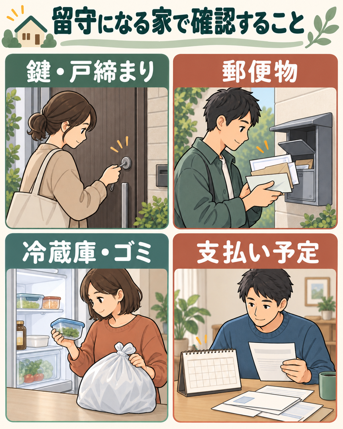 留守になる実家で、鍵と戸締まり、郵便物、冷蔵庫とゴミ、支払い予定を確認する家族。