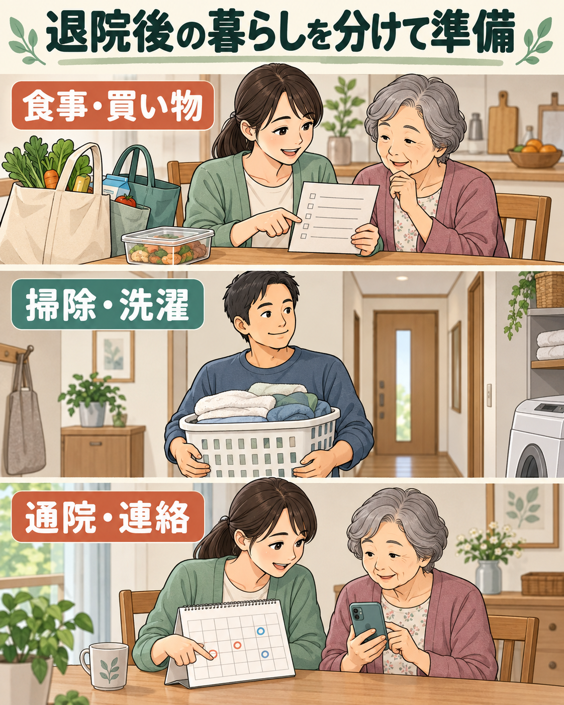 食事と買い物、掃除と洗濯、通院と連絡に分けて、退院後の生活を準備する家族。
