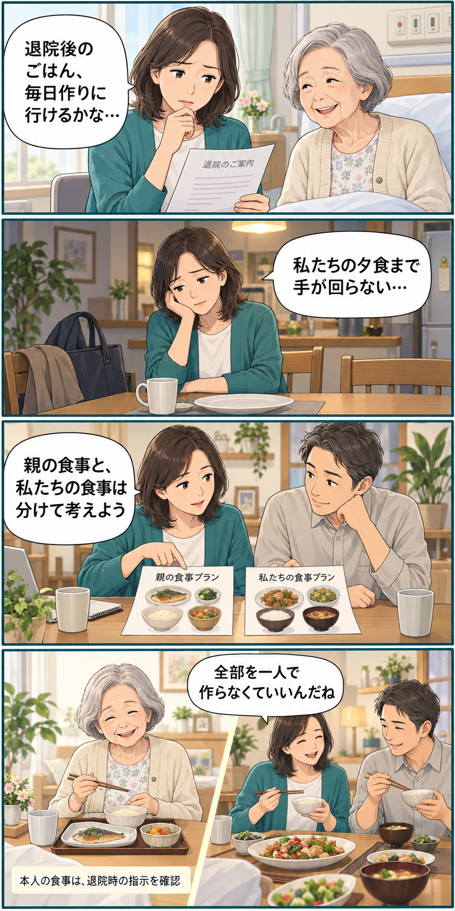 退院後の食事を毎日作れるか悩む娘。自分たちの夕食も負担になり、家族と相談して親の食事と自分たちの食事を分けて準備する。本人の食事は退院時の指示を確認。