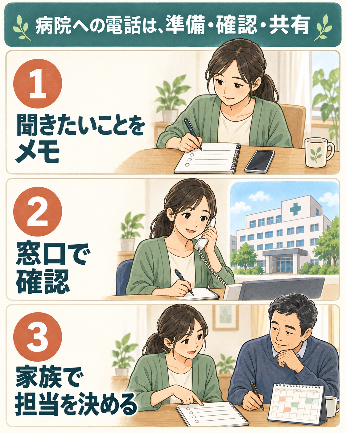 質問をメモし、病院の窓口に確認してから、家族で担当を決める流れ。