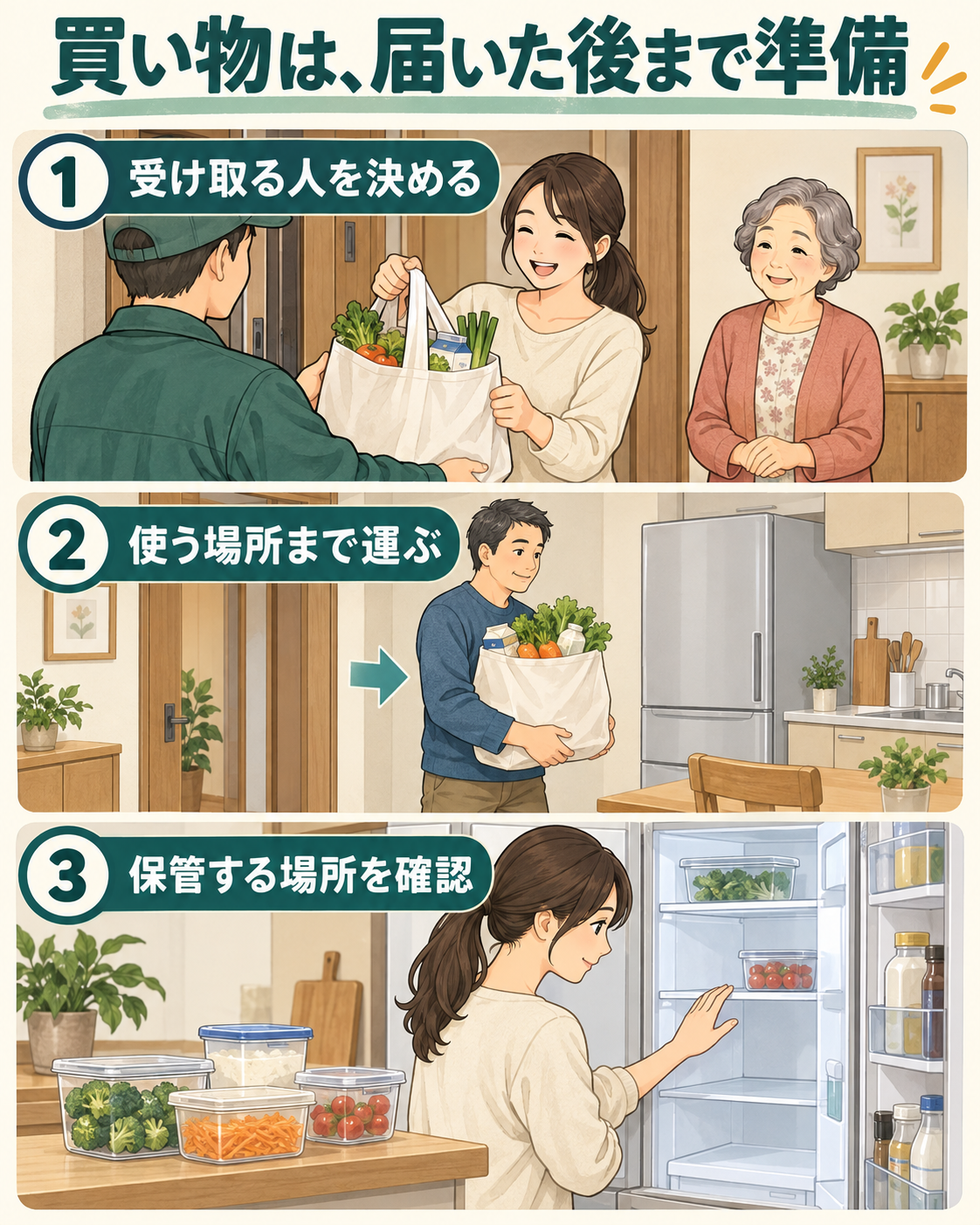 買い物の受け取り役を決め、家族が荷物を使う場所へ運び、冷蔵庫などの保管場所を確認する流れ。